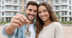 pareja de jovenes sosteniendo llaves de su nueva vivienda