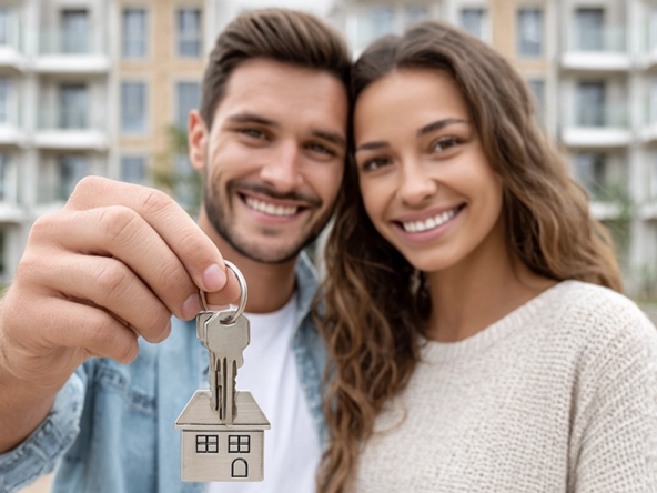 pareja de jovenes sosteniendo llaves de su nueva vivienda