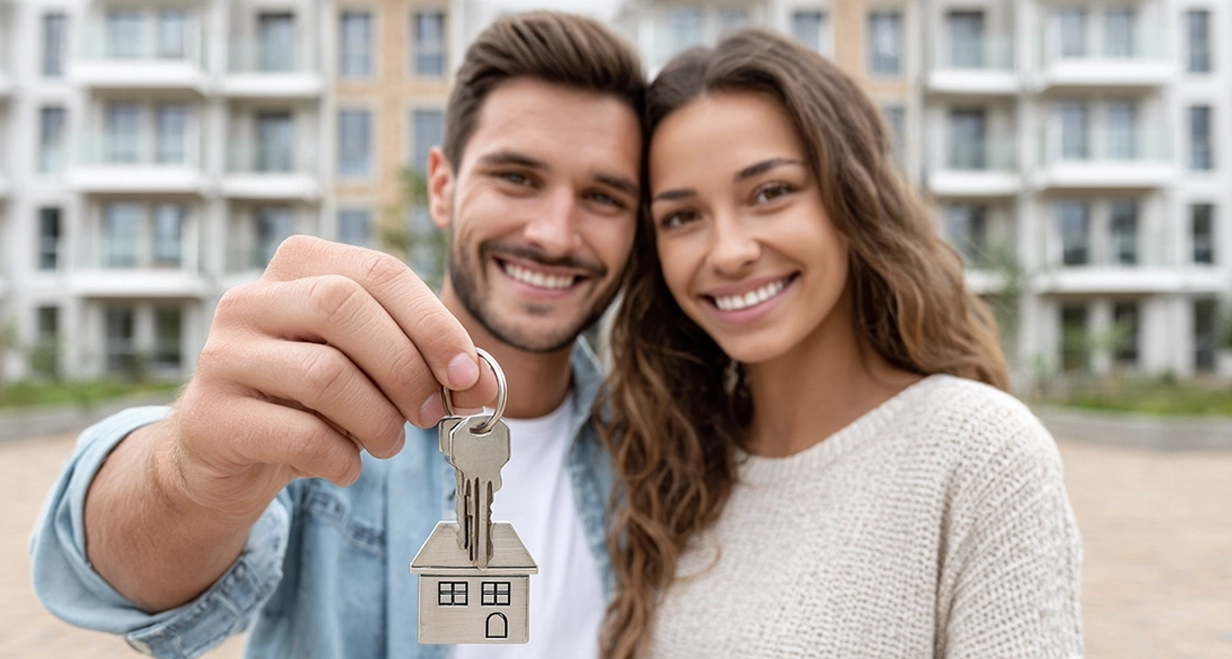 pareja de jovenes sosteniendo llaves de su nueva vivienda